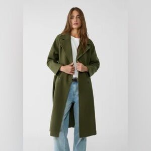 Vintage American‎ Bazaar Green 100% Wool Minimalist Trench Coat Size 12